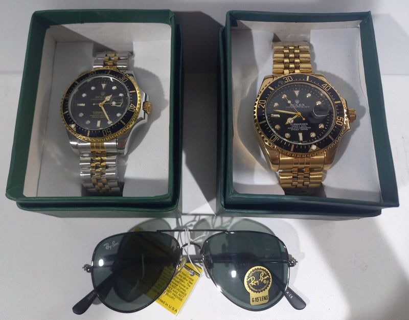 2 ROLEX DORADONEGRO + BICOLOR + 1GAFAS RAYB